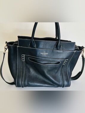 kate spade Black Pebbled Leather Shoulder Bag with White Stitching